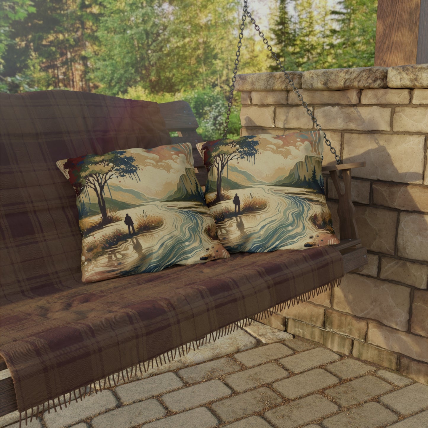Serene Stream Sojourn Outdoor Pillows