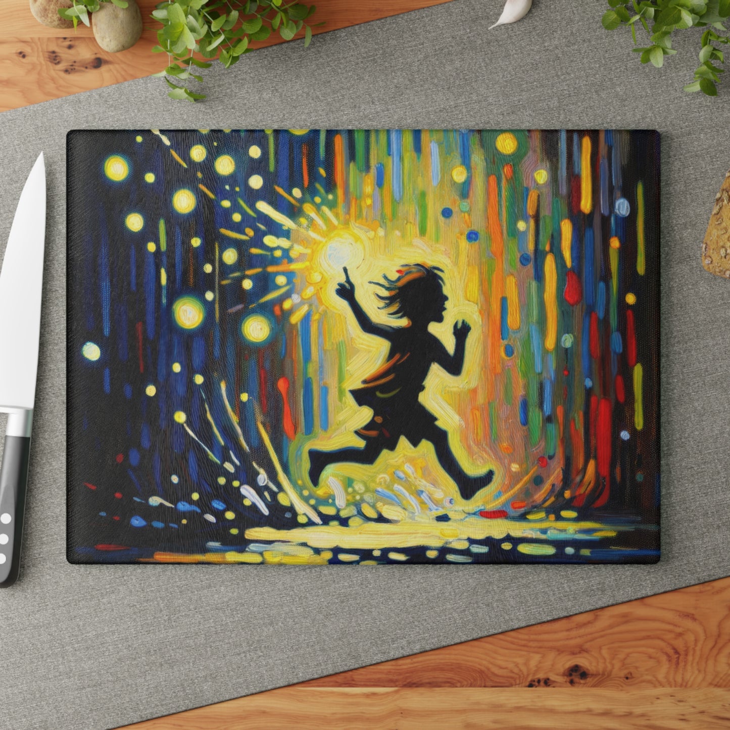 Child Firefly Chase Glass Cutting Board