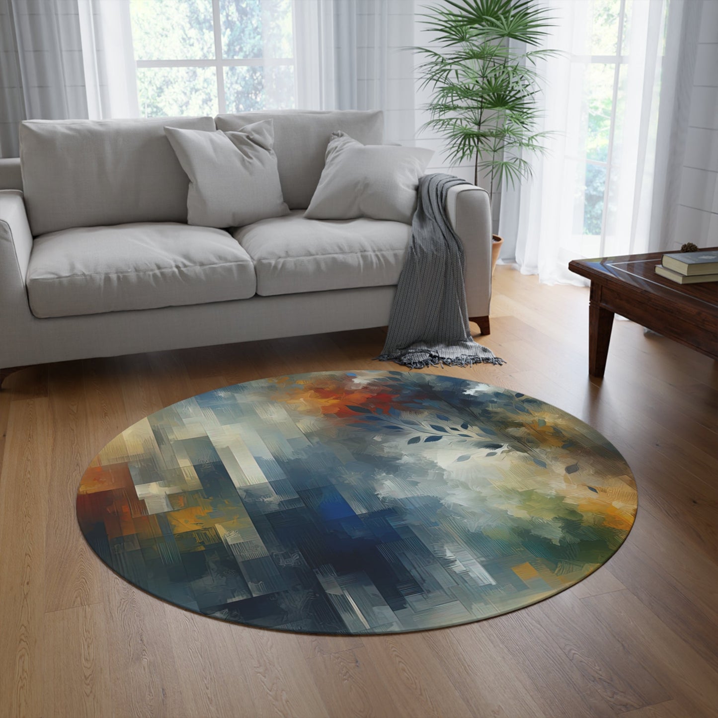 Contemplative Leaves Whispers Round Rug - ATUH.ART