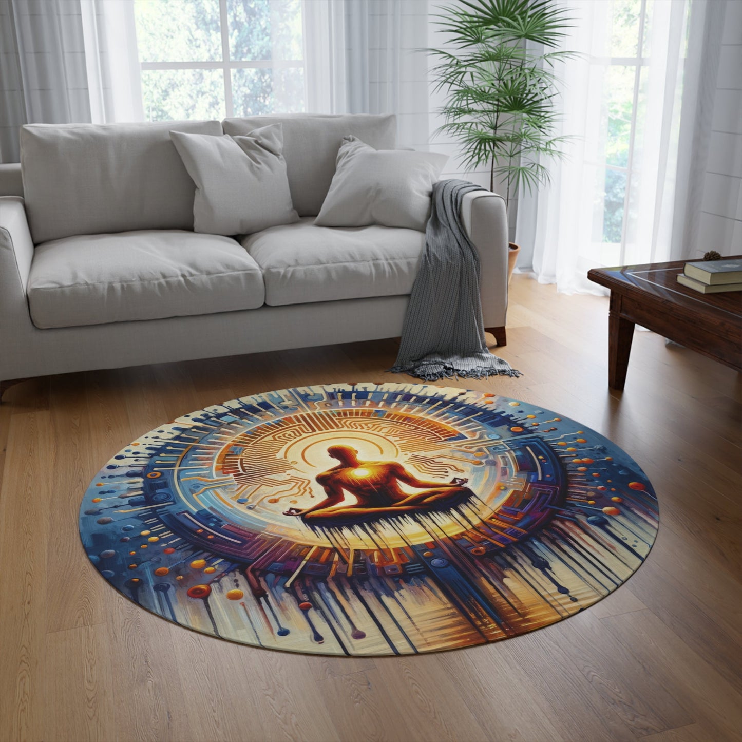 Meditative Technological Fusion Round Rug - ATUH.ART