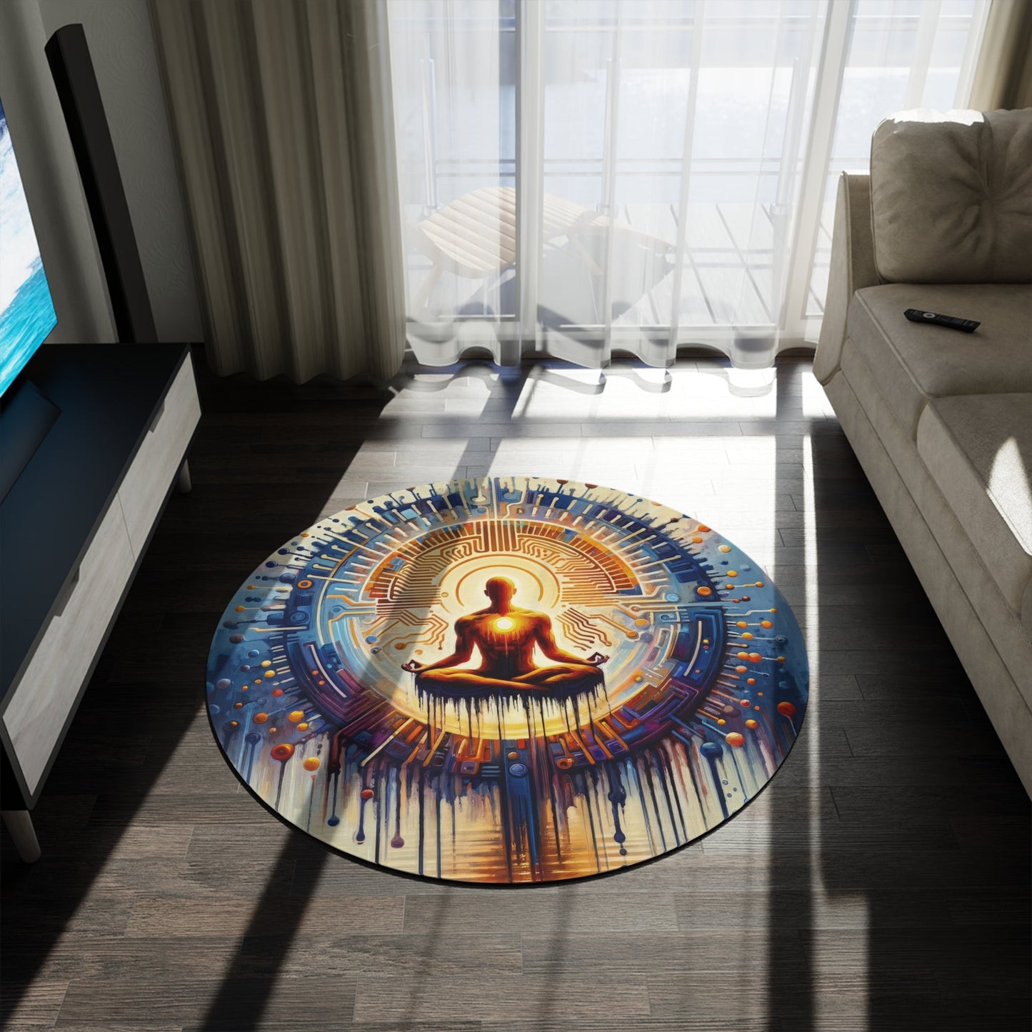 Meditative Technological Fusion Round Rug - ATUH.ART